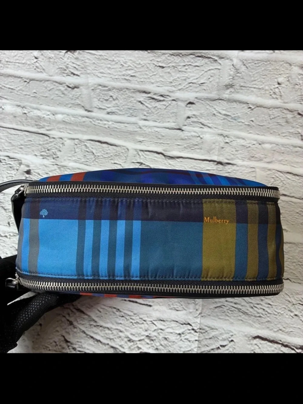 Mulberry Red and Blue Plaid Leather-Trim Toiletry Bag